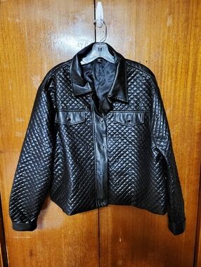 SHEIN Black Quilted Faux-Leather Shirt Jacket